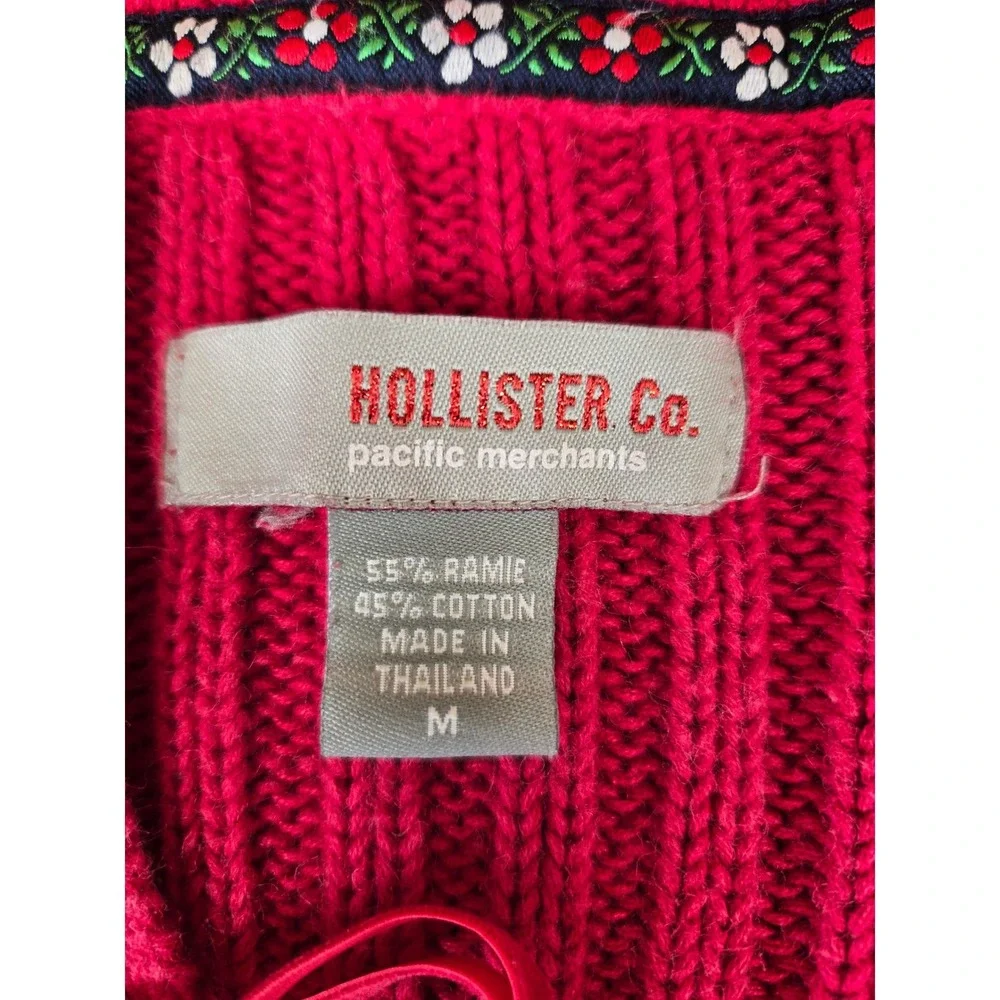 VTG‎ Hollister Co Red Ribbed Lace Up V-Neck Sweater Oversized Collar Womens Med